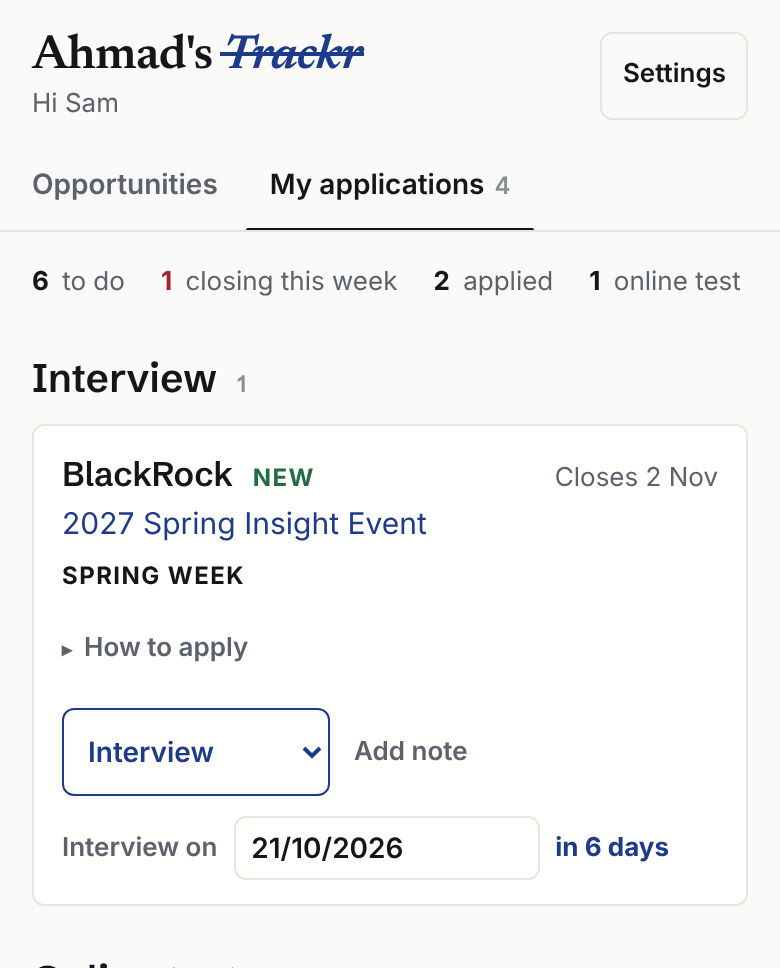 The tracker on a phone: applications grouped by stage, with test and interview dates.